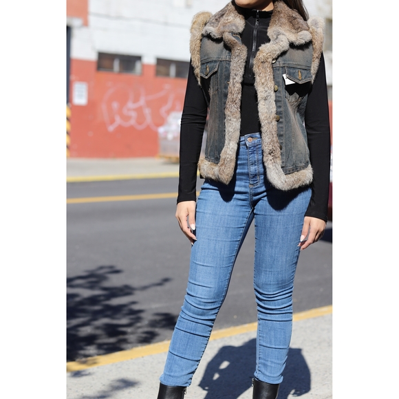 La Fiorentina Denim Vest with Fur Trim - Natural